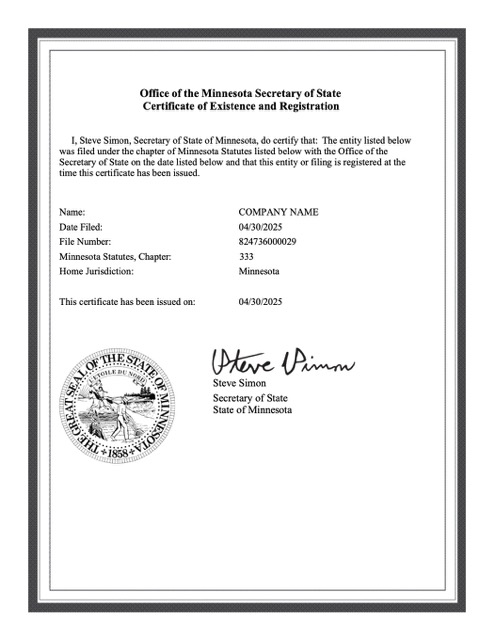 USA Minnesota certificate of existence and registration Word and PDF template